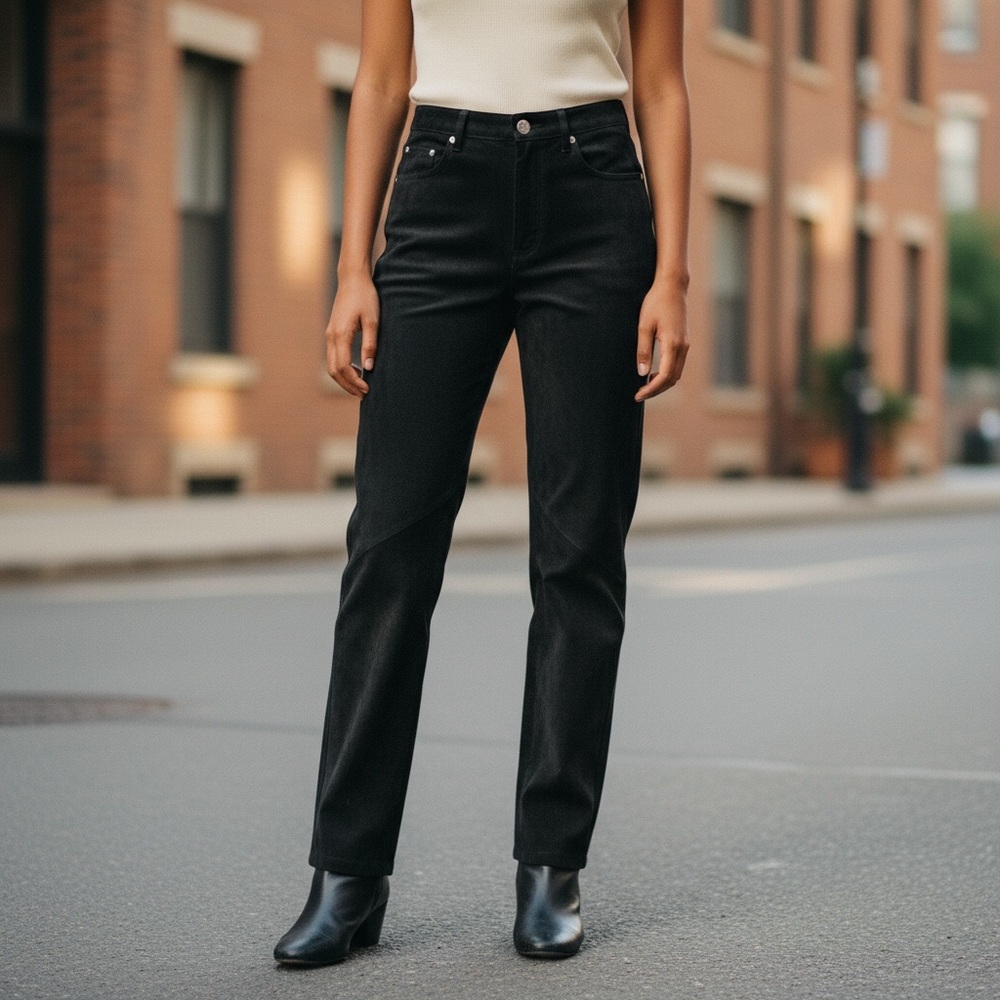 HAROLD's Black Suede Genuine Leather Women's Straight Leg Pants, Jeans, Size 10